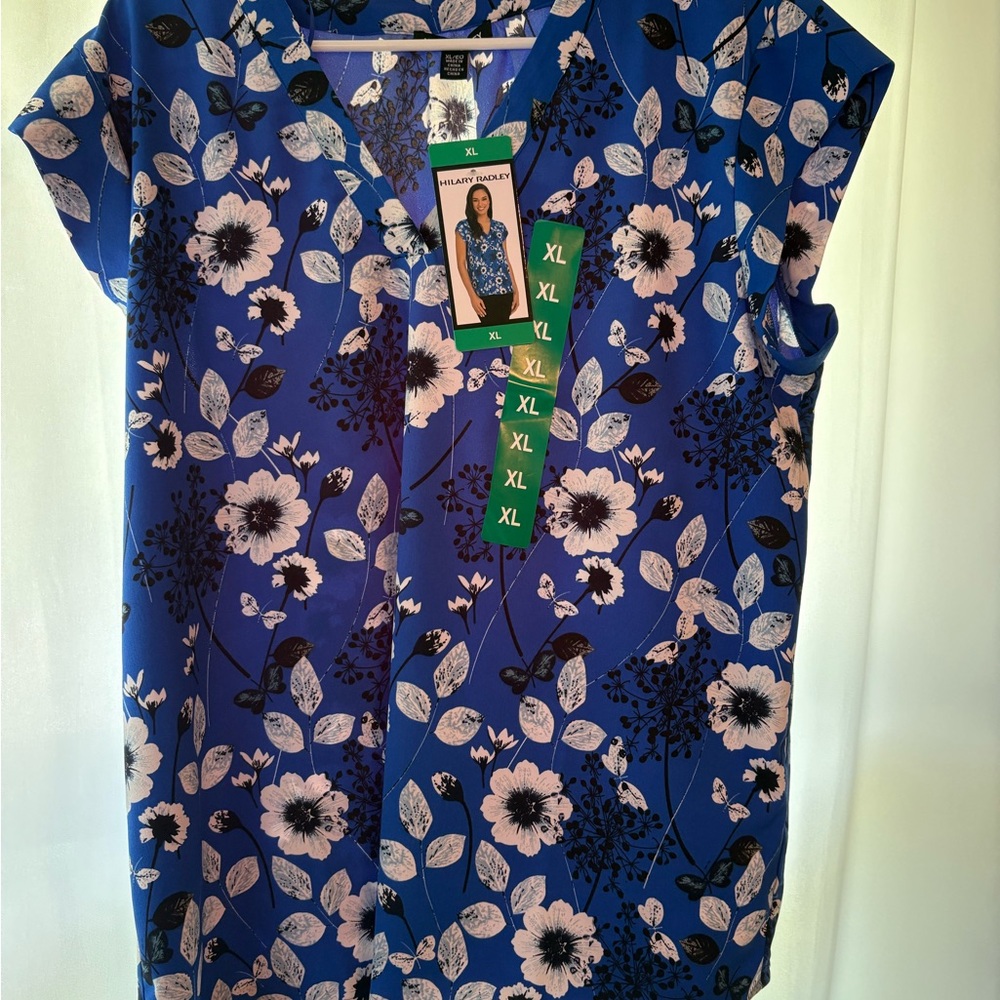 Hilary Radley Blue Cap Sleeve v neck Blouse